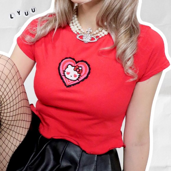 HELLO KITTY SANRIO HEART RUFFLE RED T-SHIRT - Picture 1 of 2